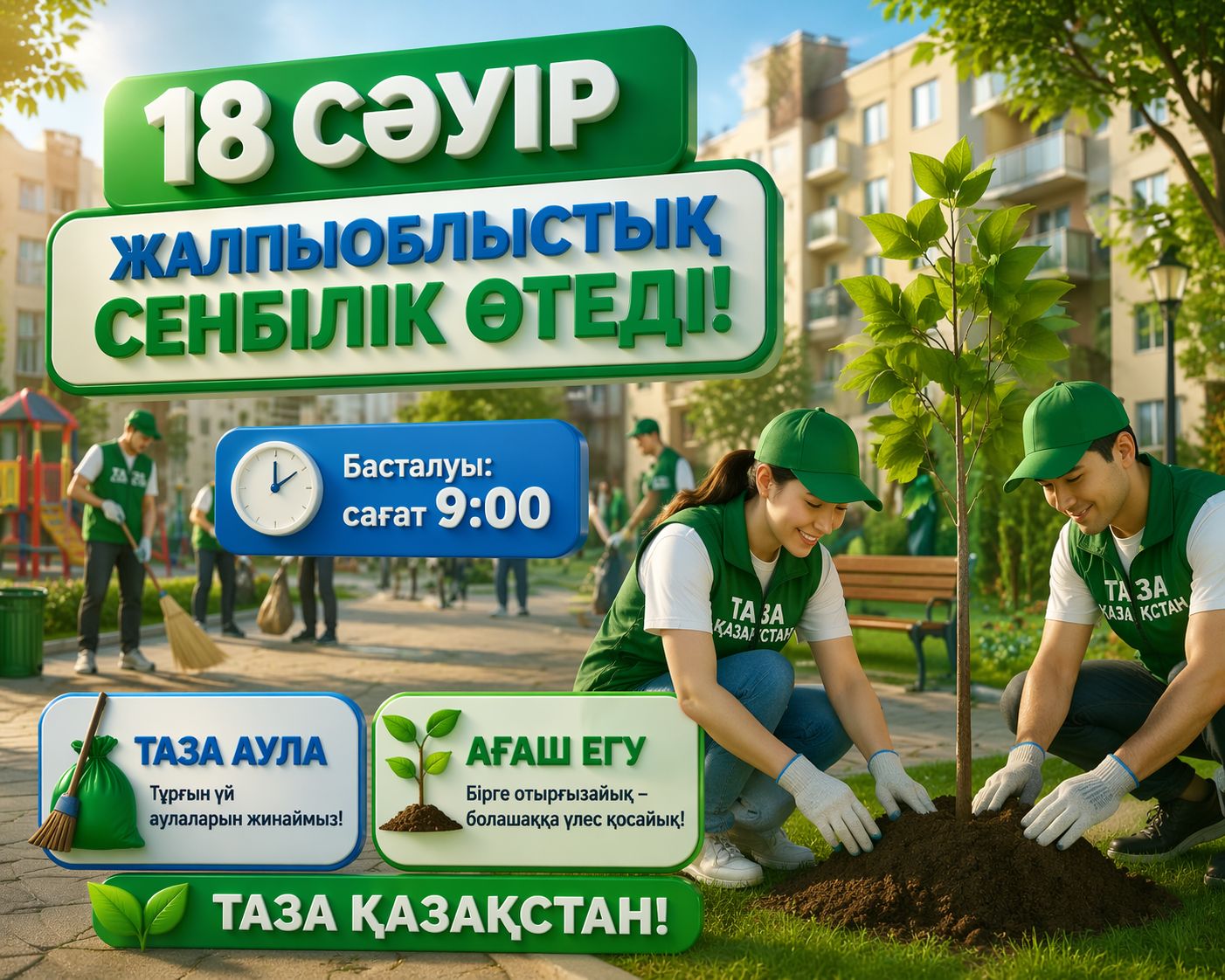 18 - сәуір – Жалпыоблыстық сенбілік! СЕНБІЛІКТЕН ҚАЛМАЙЫҚ, ТАЗАЛЫҚТЫ ОЙЛАЙЫҚ!